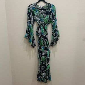 Diane Von Furstenberg Black and Green Floral Wrap Dress